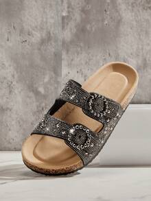 SHUZIA Giày sandal đế bệt hở mũi bằng bần đính đá lấp lánh, khóa kép dành cho nữ bán chạy nhất - Thoải mái, sang trọng, lấp lánh. - màu đen - Xem 3