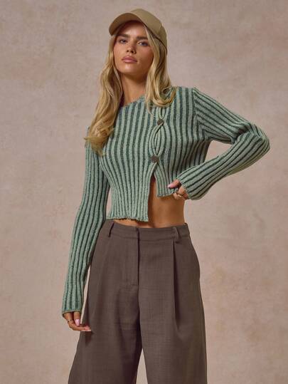 MUSERA Two Toned Knit Asymmetric Button Front Long Sleeve Cardigan Autumn Winter Cool Streetwear Going Out Casual Knitwear Everyday New Retro