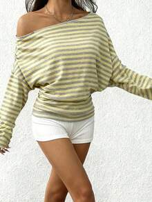 SHEIN EZwear 女式宽松条纹不对称肩长袖休闲运动衫 - 黃色 - 查看 5