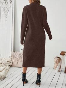 EMERY ROSE Women's Coffee Brown Straight Simple Knit Sweater Dress - Coffee Brown - View 2
