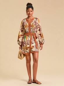Travachic Vestido envolvente de manga larga con estampado tropical fluido estilo boho para mujer, conjunto de brunch de vacaciones en color crema, casual para vacaciones de otoño, elegante vestido de Nochevieja - Multicolor - Ver 3