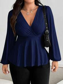 Vionelle Plus Size V-Neck Ruffle Puff Sleeve Long Sleeve Textured Knit Cropped Hem Casual T-Shirt For Women, Apricot