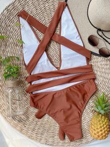 Swim SXY Bộ đồ tắm một mảnh có nút thắt phía trước bãi biển mùa hè - Gỗ đỏ - Xem 2