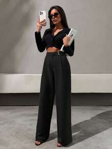 EURMUSE Elegant Style, Half Faux Leather Belt Detailed Straight Fit Pant - Black - View 7