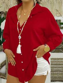 EMERY ROSE Áo sơ mi dài tay trơn màu thường ngày cỡ lớn dành cho nữ - Đỏ - Xem 1