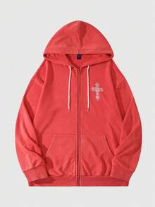 ROMWE MEN Goth Men's Drop Shoulder Long Sleeve Creative Cross Pattern Casual Zip-Up Hoodie