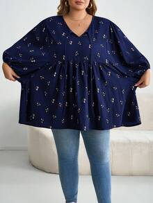 SHEIN CURVE+ 大码女式时尚休闲印花抽绳领T恤 - 藏蓝色 - 查看 3