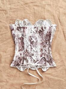 Soleia 性感露肩蕾丝双层修身束身胸衣上衣，浪漫镂空刺绣花卉连体衣，适合度假、夜间外出、婚礼宾客、秋季穿着。 - 鏽棕色 - 查看 2