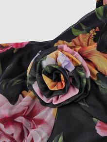 SHEIN MOD Váy đuôi cá tay loe họa tiết hoa đen - Nhiều màu - Xem 3