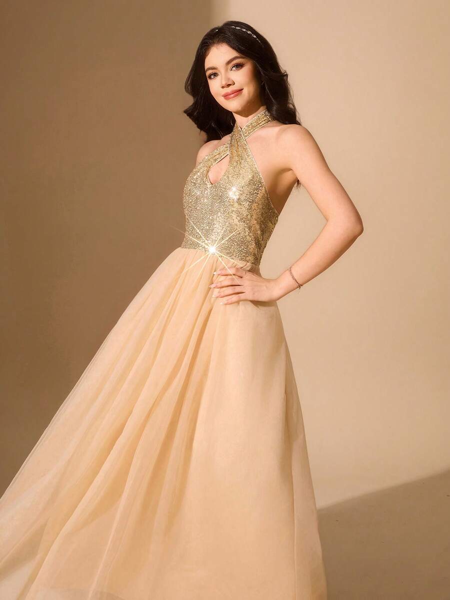 Elegant Champagne Gold Sequin Mesh Spaghetti Strap Sleeveless Summer Maxi Dress For Teens,Flower Girl,Wedding,Prom,Christmas,Graduation - Champagne - View 1