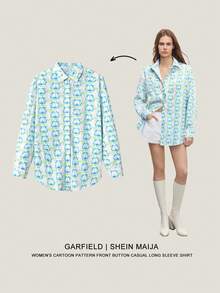 Maija GARFIELD | SHEIN Women's Cartoon Pattern Front Button Casual Long Sleeve Shirt - Multicolor - View 3