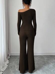 Elenzga Women's Fashion Casual 2-Piece Set, Asymmetric Shoulder Ruched Hem Metal Decor Long Sleeve Ribbed Knit Fitted T-Shirt + Ribbed Knit Fitted Flare Pants - Coffee Brown - View 2