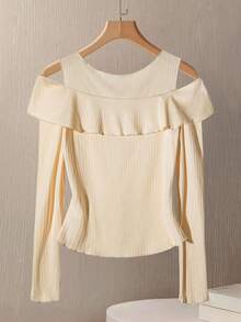SHEIN PETITE Women's Solid Color Open Shoulder Long Sleeve Casual Front Button T-Shirt ,Petite Women - Apricot - View 2