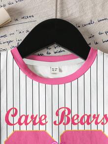 SHEIN X Care Bears 小女孩卡通字母数字图案短袖休闲T恤，舒适白色条纹运动衫，小码 - 白色 - 查看 4