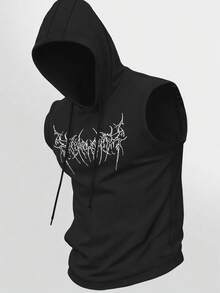 GymBeat Men's Casual Graphic Print Drawstring Hooded Tank Top, Summer Sleeveless Hoodie Hooded Top Men Sleeveless Shirts Black Hoodie Goth Gym Clothes - Black - View 1