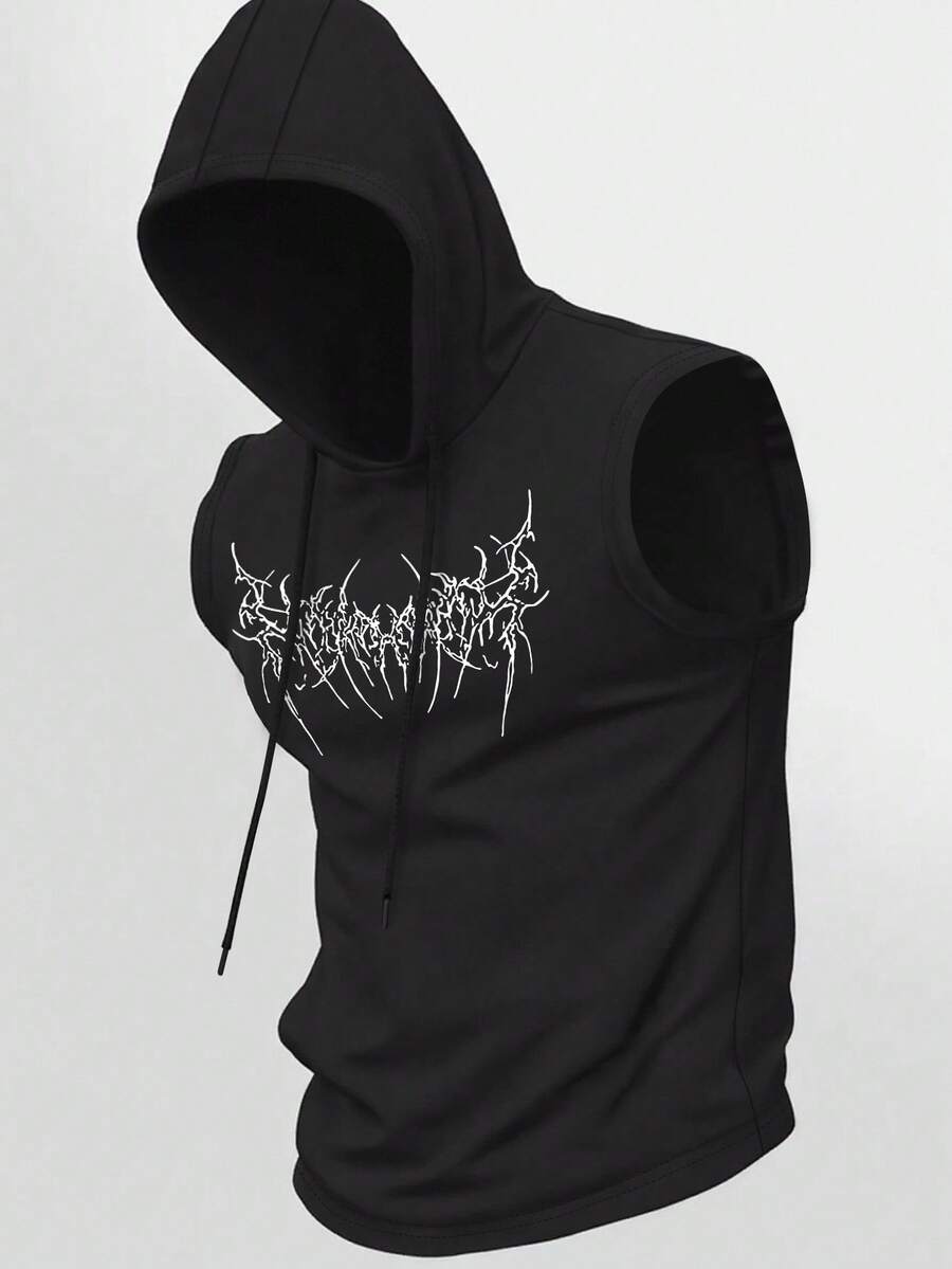 GymBeat Men's Casual Graphic Print Drawstring Hooded Tank Top, Summer Sleeveless Hoodie Hooded Top Men Sleeveless Shirts Black Hoodie Goth Gym Clothes - Black - View 1
