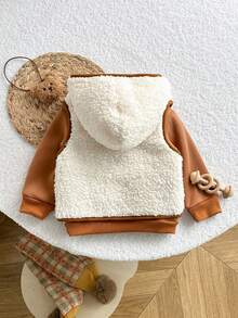 SHEIN 1件男婴连帽毛绒熊背心休闲外套，复古棕/米色保暖内衬拉链马甲，带口袋，适合秋冬季穿着 - 杏色 - 查看 2