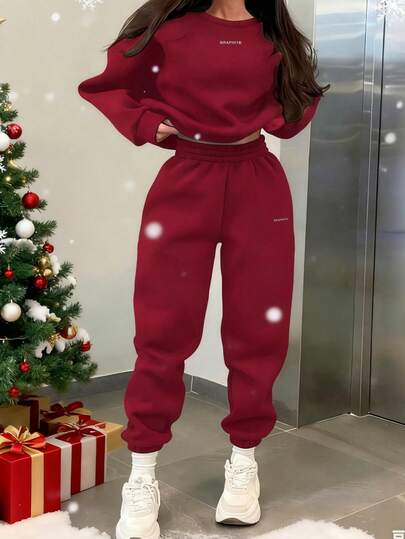 INAWLY 2 sztuki/zestaw damski nadruk liter okrągły dekolt długi rękaw top i spodnie z elastyczną talią