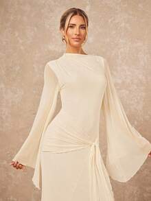 Lumalex Women's Loose Sheer Dress With Tie-Up Sash And Flowy Sleeves,Dresses For Women Elegant - Apricot - View 7