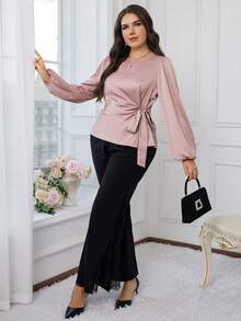 Modelyn Plus Size Elegant Commuter Solid Color Tie Waist Shirt - Pink - View 2