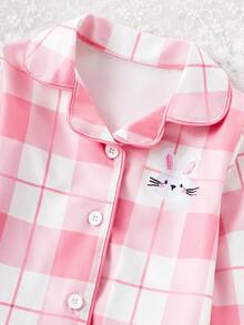 女婴时尚红色格子印花兔子刺绣开衫和裤子两件套休闲舒适家居服套装 - 紅色 - 查看 7