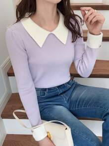 FRIFUL 女士撞色拼接领插肩袖休闲罗纹针织毛衣 - 紫色 - 查看 4