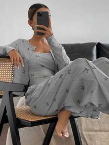 DAZY 3pcs Bow Print Allover Print Camisole Top & Pants & Button Placket Top Women Pajama Set, Fall & Winter Clothes