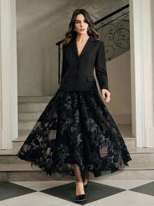 Anewsta 女士长袖花卉拼接雪纺优雅连衣裙 - 黑色 - 查看 4