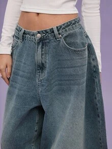 COUREZ 低腰宽松牛仔裤，浅蓝色水洗，街头休闲，Y2K风格，休闲音乐节风格，棉质牛仔布，复古棉质 - 藏蓝色 - 查看 8