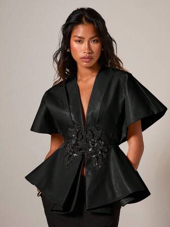 COSMINA Women's Elegant Waist Cinched PU Applique Blouse,  Black Party Top,  Satin Tops For Women