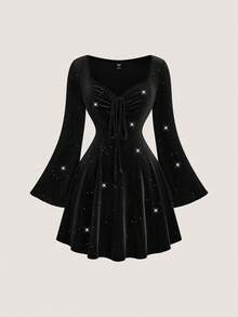 Sweetra Plus Size Elegant Velvet Sequin Flare Sleeve Dress - Black - View 1
