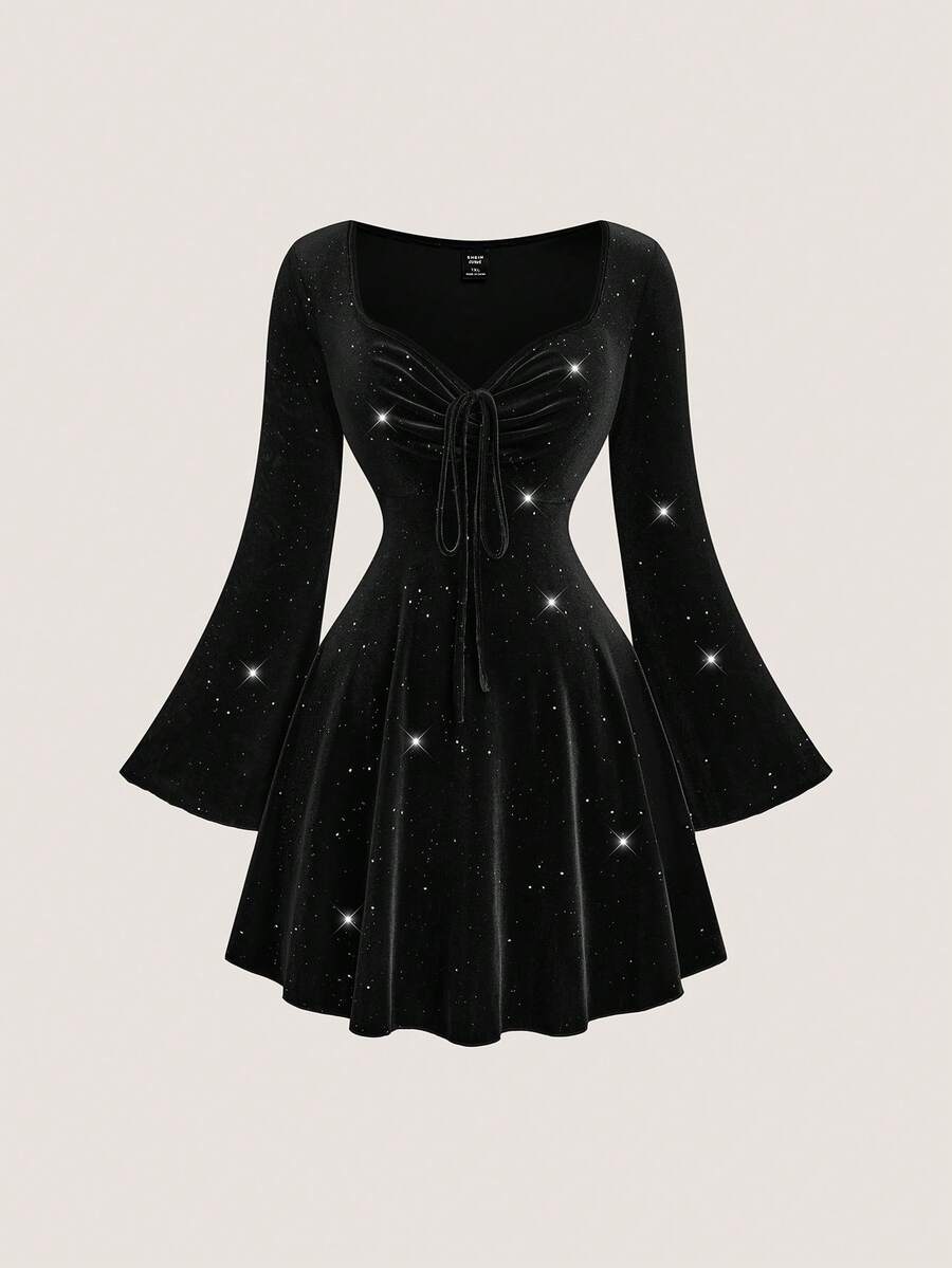 Sweetra Plus Size Elegant Velvet Sequin Flare Sleeve Dress - Black - View 1