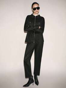 Lumivelle Women's Autumn/Winter Fashion Simple Solid Color Suede Zip-Up Jacket And Pants 2 Pieces Set - Black - View 6