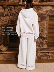 GLOWMODE Sehr fröhliche, schwere Fleece-Jogginghose mit weichem Plüsch, weitem Bein, bestickter Kordel, für Feiertage, Weihnachten, Herbst, Winter, Outdoor und Alltag - Weiss - Übersicht 3