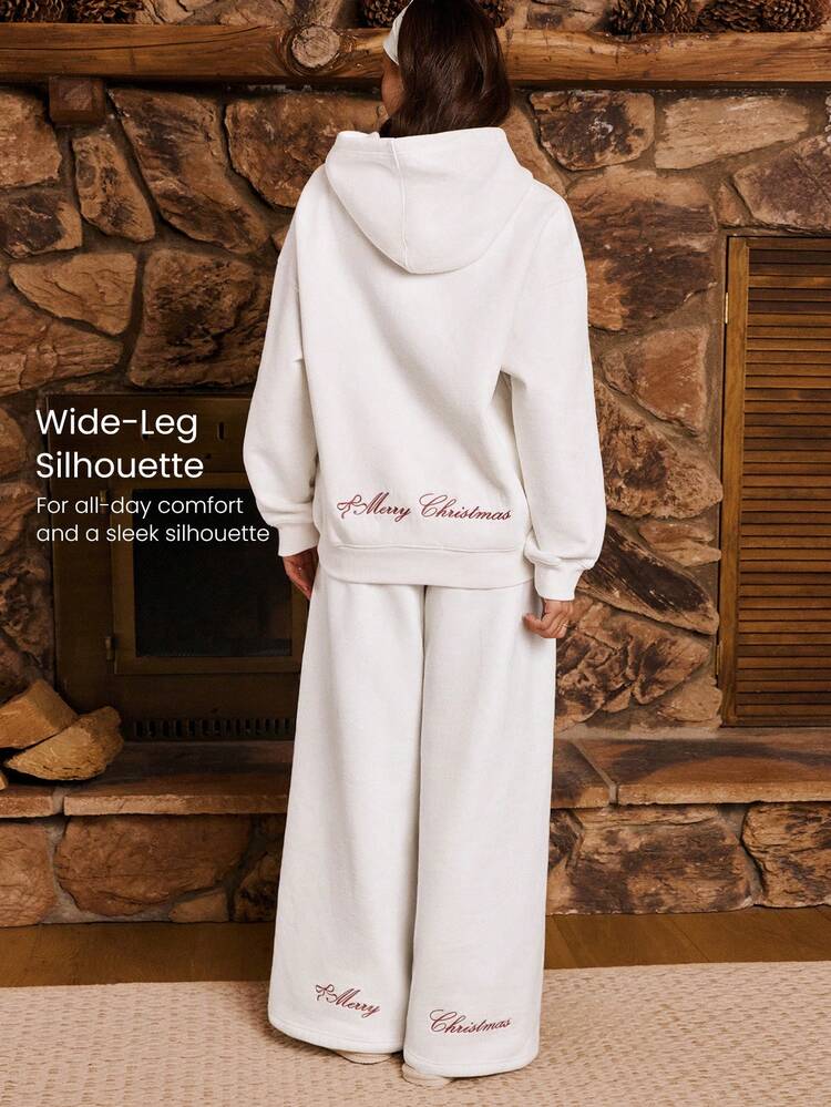 베리 메리 헤비급 플리스 소프트 플러시 와이드 레그 자수 드로스트링 스웨트팬츠 홀리데이 크리스마스 가을 겨울 야외 데일리 캐주얼 웨어