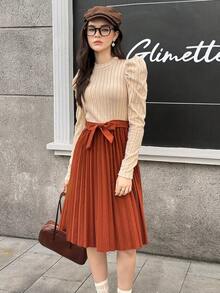 Teen Girls' Elegant Midi Dress,Beige Ribbed Knit Top With Puff Sleeves & Brown Pleated Skirt,Bow Belt,Autumn Graduation Teen Formal Casual Outing - Apricot - View 1