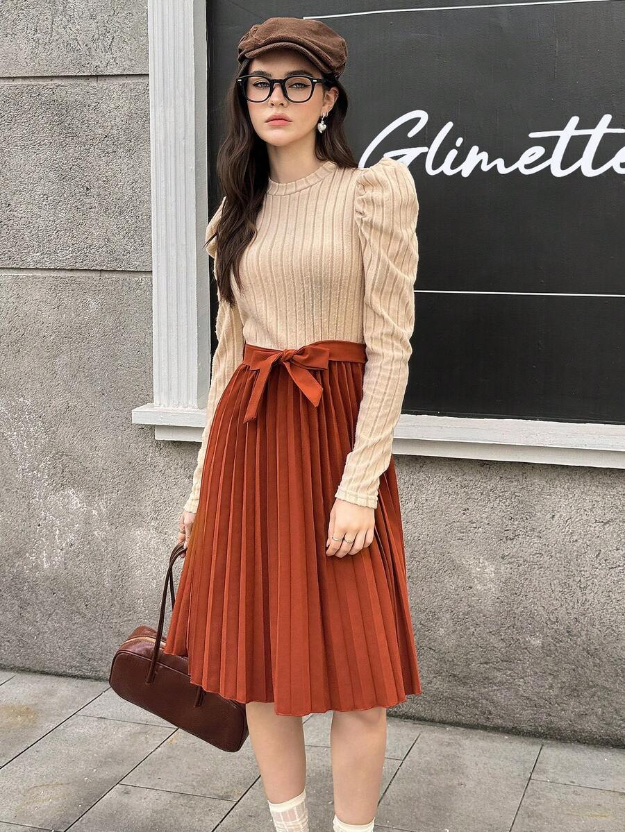 Teen Girls' Elegant Midi Dress,Beige Ribbed Knit Top With Puff Sleeves & Brown Pleated Skirt,Bow Belt,Autumn Graduation Teen Formal Casual Outing - Apricot - View 1