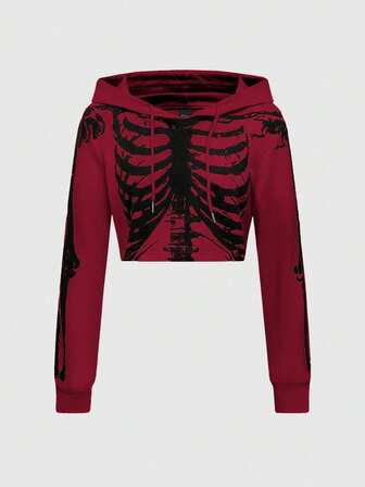 Grunge Punk Sweat-shirt court à imprimé crâne gothique sombre et squelette pour femme, Top à manches longues