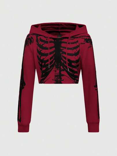 Grunge Punk Sweat-shirt court à imprimé crâne gothique sombre et squelette pour femme, Top à manches longues