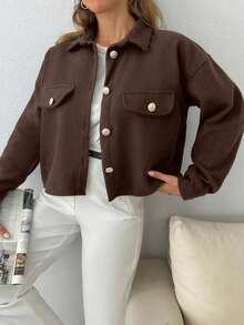 EURMUSE Solid Color, Gold Button Details, Coat - Brown - View 4