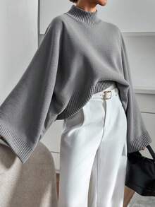 EURMUSE Chic Black Batwing Sleeve Knit Sweater With Relaxed Oversized Fit And Effortless Minimalist Elegance - Grey - View 4