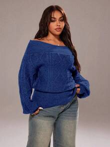 Rustia Plus Size Women's Fashion Casual Off-Shoulder Sweater - Blue - View 3