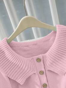 Franclia Button Decor Solid Color Knit Casual Long Sleeve Versatile Off Shoulder Sweater - Pink - View 4