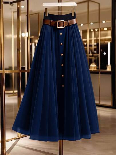 GlowEve 女士优雅网眼拼布纽扣装饰休闲通勤裙