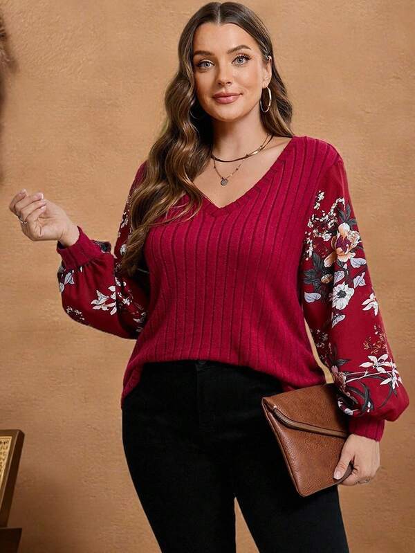 Rosumi Plus Size Women Floral Print V-Neck Lantern Sleeve Fashion T-Shirt For Autumn