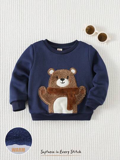 Cozy Pixies Sudadera de cuello redondo de manga larga con estampado de oso de dibujos animados para bebé niño, suave, amigable con la piel, versátil, estilo minimalista básico, adecuado para interior, exterior, uso diario, deportes, juegos, fiestas, fotografía, vacaciones, otoño/invierno