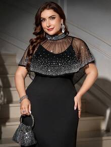SHEIN Clasi Große Größen Damen Zweiteiler: Eleganter Schal mit Strass-Verzierung und schwarzes Kleid, perfekt für Partys und Veranstaltungen. Herbstmode für Damen in Große Größen, elegante Kleidung, Festtagsoutfit, Damen Partykleid, Weihnachtsparty Kleid, Damen Festkleid, Partykleid, Weihnachtsparty Kostüm. - Schwarz - Übersicht 6
