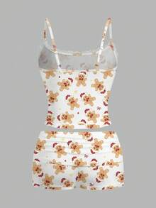 SHEIN EZwear 2件套女士休闲简约姜饼人印花蕾丝边吊带背心和短裤套装，适合圣诞节、新年、节日派对、圣诞驯鹿、家庭聚会、亲子装、情侣装、姐妹装 - 彩色 - 查看 2