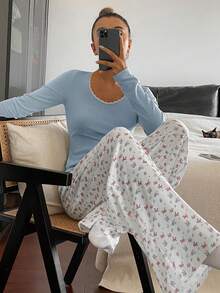 DAZY 女士碎花修身上衣和睡裤套装，秋冬款 - 藍色 - 查看 3