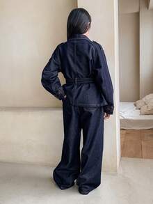 Dazy Kids 少女时尚翻领落肩长袖休闲牛仔套装